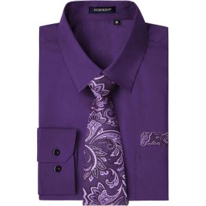 imageHISDERN Mens Dress Shirt with Tie Pocket Square Set Classic Button Down Shirt Matching Tie Long Sleeve ShirtsPurple