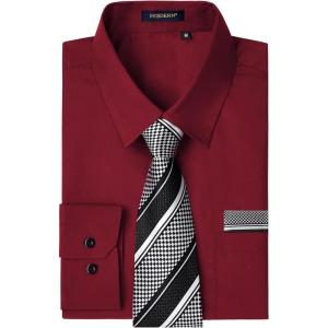 imageHISDERN Mens Dress Shirt with Tie Pocket Square Set Classic Button Down Shirt Matching Tie Long Sleeve ShirtsRed
