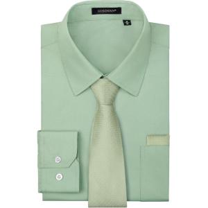 imageHISDERN Mens Dress Shirt with Tie Pocket Square Set Classic Button Down Shirt Matching Tie Long Sleeve ShirtsSage Green