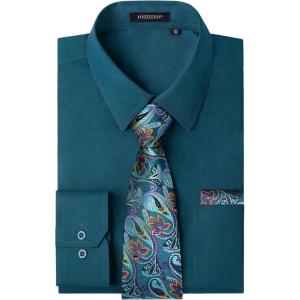 imageHISDERN Mens Dress Shirt with Tie Pocket Square Set Classic Button Down Shirt Matching Tie Long Sleeve ShirtsTeal