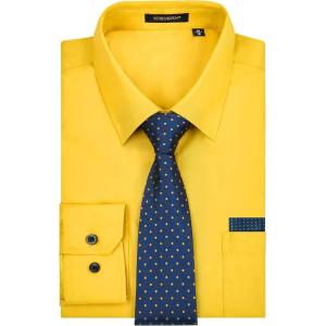 imageHISDERN Mens Dress Shirt with Tie Pocket Square Set Classic Button Down Shirt Matching Tie Long Sleeve ShirtsYellow