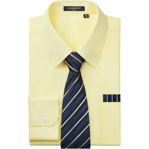 imageHISDERN Mens Dress Shirt with Tie Pocket Square Set Classic Button Down Shirt Matching Tie Long Sleeve ShirtsYellow Light