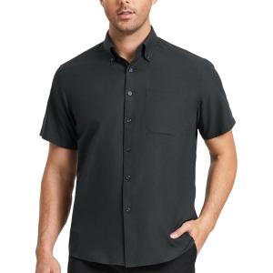 imageHISDERN Mens Dress Shirts Short Sleeve Button Down Casual Shirt Business Oxford Collar Formal Shirt with Pocket for MenBlack