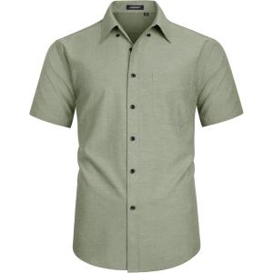 imageHISDERN Mens Dress Shirts Short Sleeve Button Down Casual Shirt Business Oxford Collar Formal Shirt with Pocket for MenGreen