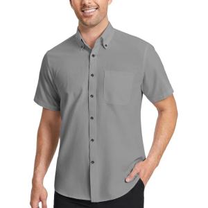 imageHISDERN Mens Dress Shirts Short Sleeve Button Down Casual Shirt Business Oxford Collar Formal Shirt with Pocket for MenGrey
