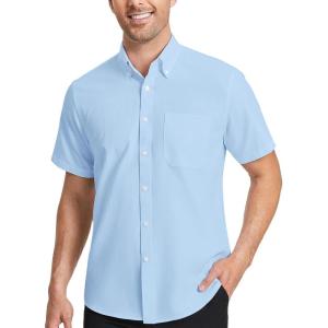 imageHISDERN Mens Dress Shirts Short Sleeve Button Down Casual Shirt Business Oxford Collar Formal Shirt with Pocket for MenLight Blue