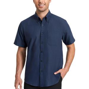 imageHISDERN Mens Dress Shirts Short Sleeve Button Down Casual Shirt Business Oxford Collar Formal Shirt with Pocket for MenNavy Blue
