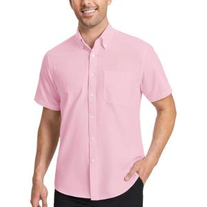 imageHISDERN Mens Dress Shirts Short Sleeve Button Down Casual Shirt Business Oxford Collar Formal Shirt with Pocket for MenPink
