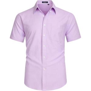 imageHISDERN Mens Dress Shirts Short Sleeve Button Down Casual Shirt Business Oxford Collar Formal Shirt with Pocket for MenPurple