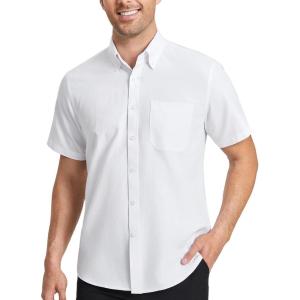 imageHISDERN Mens Dress Shirts Short Sleeve Button Down Casual Shirt Business Oxford Collar Formal Shirt with Pocket for MenWhite