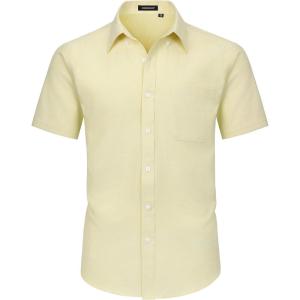 imageHISDERN Mens Dress Shirts Short Sleeve Button Down Casual Shirt Business Oxford Collar Formal Shirt with Pocket for MenYellow