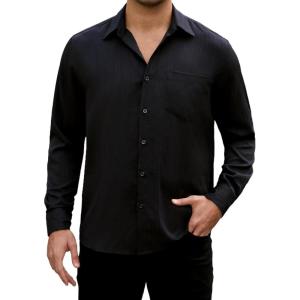 imageHISDERN Mens Casual Button Down Long Sleeve Shirt Wrinkle Free Striped Beach Textured Vacation Collared Clothing with PocketBlack