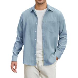 imageHISDERN Mens Casual Button Down Long Sleeve Shirt Wrinkle Free Striped Beach Textured Vacation Collared Clothing with PocketBlue