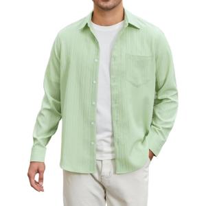 imageHISDERN Mens Casual Button Down Long Sleeve Shirt Wrinkle Free Striped Beach Textured Vacation Collared Clothing with PocketGreen Light