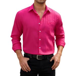 imageHISDERN Mens Casual Button Down Long Sleeve Shirt Wrinkle Free Striped Beach Textured Vacation Collared Clothing with PocketHot Pink