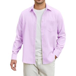 imageHISDERN Mens Casual Button Down Long Sleeve Shirt Wrinkle Free Striped Beach Textured Vacation Collared Clothing with PocketLavender