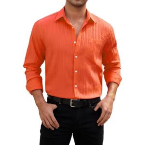 imageHISDERN Mens Casual Button Down Long Sleeve Shirt Wrinkle Free Striped Beach Textured Vacation Collared Clothing with PocketOrange