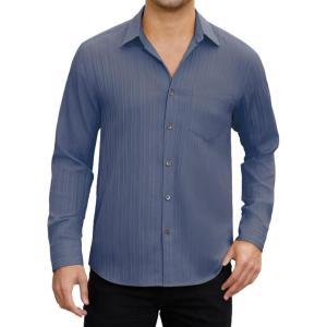 imageHISDERN Mens Casual Button Down Long Sleeve Shirt Wrinkle Free Striped Beach Textured Vacation Collared Clothing with PocketPurple