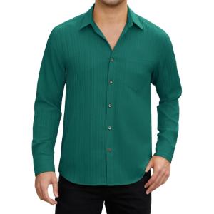 imageHISDERN Mens Casual Button Down Long Sleeve Shirt Wrinkle Free Striped Beach Textured Vacation Collared Clothing with PocketTeal