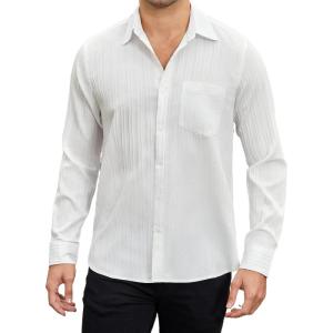 imageHISDERN Mens Casual Button Down Long Sleeve Shirt Wrinkle Free Striped Beach Textured Vacation Collared Clothing with PocketWhite
