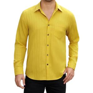 imageHISDERN Mens Casual Button Down Long Sleeve Shirt Wrinkle Free Striped Beach Textured Vacation Collared Clothing with PocketYellow
