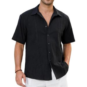 imageHISDERN Mens Cuban Guayabera Shirts Short Sleeve Casual Button Down Shirts for Men Regular Fit Summer Beach Linen Shirt SolidBlack