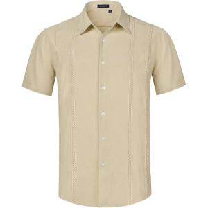 imageHISDERN Mens Cuban Guayabera Shirts Short Sleeve Casual Button Down Shirts for Men Regular Fit Summer Beach Linen Shirt SolidChampagne