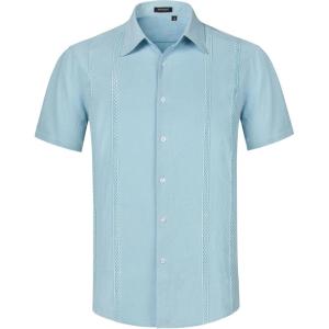 imageHISDERN Mens Cuban Guayabera Shirts Short Sleeve Casual Button Down Shirts for Men Regular Fit Summer Beach Linen Shirt SolidLight Blue