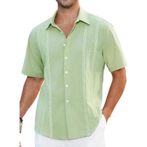 imageHISDERN Mens Cuban Guayabera Shirts Short Sleeve Casual Button Down Shirts for Men Regular Fit Summer Beach Linen Shirt SolidSage Green