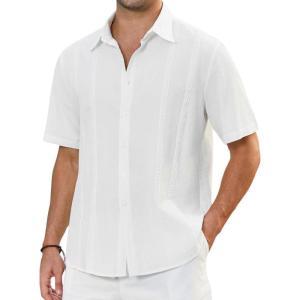 imageHISDERN Mens Cuban Guayabera Shirts Short Sleeve Casual Button Down Shirts for Men Regular Fit Summer Beach Linen Shirt SolidWhite