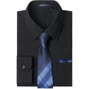 imageHISDERN Mens Dress Shirt Long Sleeve Matching Tie and Pocket Square Set Classic Button Down Formal Business ShirtsAblack  Plaid