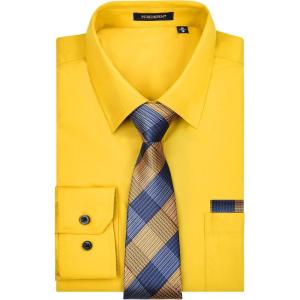 imageHISDERN Mens Dress Shirt Long Sleeve Matching Tie and Pocket Square Set Classic Button Down Formal Business ShirtsGyellow  Plaid