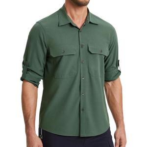 imageMens Fishing Shirts Long Sleeve UPF 50 Sun Protection Quick Dry Cooling Hiking Travel Button Down Shirt Roll Up SleeveAamy Green