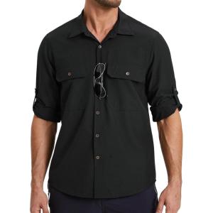 imageMens Fishing Shirts Long Sleeve UPF 50 Sun Protection Quick Dry Cooling Hiking Travel Button Down Shirt Roll Up SleeveAblack