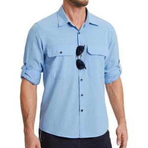 imageMens Fishing Shirts Long Sleeve UPF 50 Sun Protection Quick Dry Cooling Hiking Travel Button Down Shirt Roll Up SleeveAdenim Blue