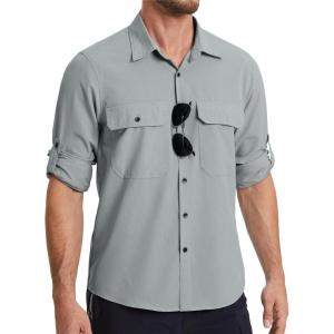 imageMens Fishing Shirts Long Sleeve UPF 50 Sun Protection Quick Dry Cooling Hiking Travel Button Down Shirt Roll Up SleeveAgrey