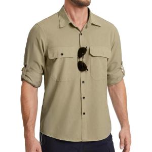 imageMens Fishing Shirts Long Sleeve UPF 50 Sun Protection Quick Dry Cooling Hiking Travel Button Down Shirt Roll Up SleeveAkhaki