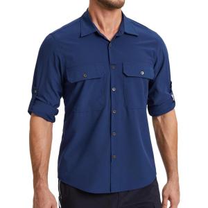 imageMens Fishing Shirts Long Sleeve UPF 50 Sun Protection Quick Dry Cooling Hiking Travel Button Down Shirt Roll Up SleeveAnavy