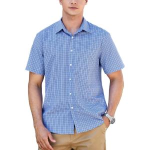 imageHISDERN Plaid Shirts for Men Short Sleeve Button Down Shirt Casual Formal Business Gingham Shirts with Pocket Regular FitBlue  Black