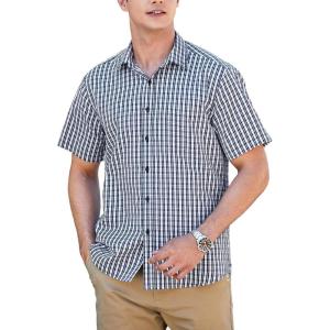 imageHISDERN Plaid Shirts for Men Short Sleeve Button Down Shirt Casual Formal Business Gingham Shirts with Pocket Regular FitBlue  White