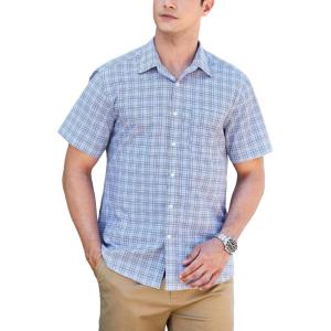 imageHISDERN Plaid Shirts for Men Short Sleeve Button Down Shirt Casual Formal Business Gingham Shirts with Pocket Regular FitBlue