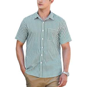 imageHISDERN Plaid Shirts for Men Short Sleeve Button Down Shirt Casual Formal Business Gingham Shirts with Pocket Regular FitGreen  White