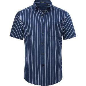 imageHISDERN Plaid Shirts for Men Short Sleeve Button Down Shirt Casual Formal Business Gingham Shirts with Pocket Regular FitNavy Blue  Striped