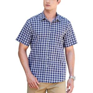 imageHISDERN Plaid Shirts for Men Short Sleeve Button Down Shirt Casual Formal Business Gingham Shirts with Pocket Regular FitNavy Blue  White