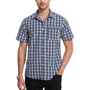 imageHISDERN Plaid Shirts for Men Short Sleeve Button Down Shirt Casual Formal Business Gingham Shirts with Pocket Regular FitNavy Blue