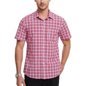 imageHISDERN Plaid Shirts for Men Short Sleeve Button Down Shirt Casual Formal Business Gingham Shirts with Pocket Regular FitRed  White