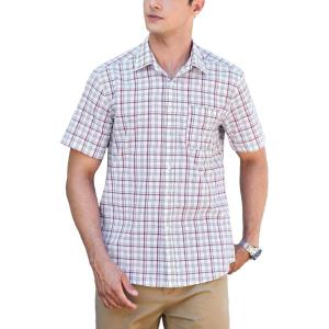 imageHISDERN Plaid Shirts for Men Short Sleeve Button Down Shirt Casual Formal Business Gingham Shirts with Pocket Regular FitWhite