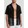 imageHISDERN Mens Summer Beach Shirts Casual See Through Sheer Lace Shirt Short Sleeve Button Down Mesh Shirt for Men1bblack