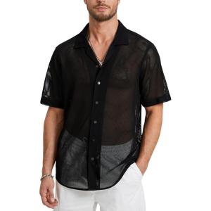 imageHISDERN Mens Summer Beach Shirts Casual See Through Sheer Lace Shirt Short Sleeve Button Down Mesh Shirt for Men1bblack