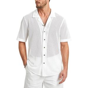 imageHISDERN Mens Summer Beach Shirts Casual See Through Sheer Lace Shirt Short Sleeve Button Down Mesh Shirt for Men2wwhite
